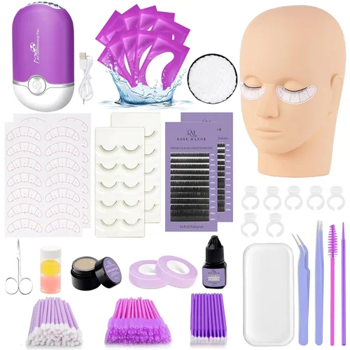 Miniatura 8 de Kit de extensión de pestañas para principiantes, con cabeza de maniquí, pegamento de pestañas individual, removedor de pestañas, abanico, Rosa