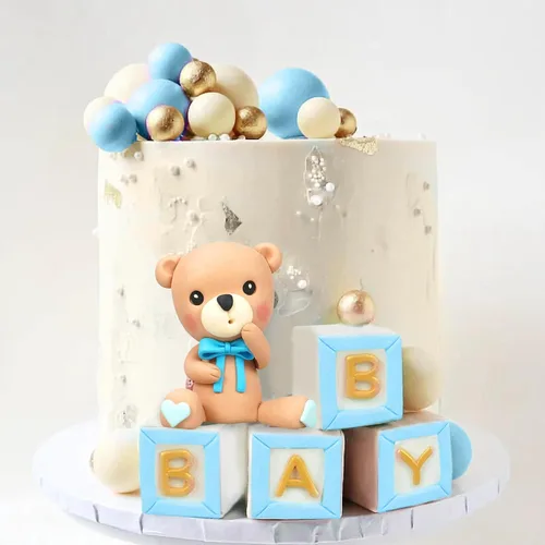 Miniatura 4 de Decoración para tartas de oso, decoración de pastel de oso con letras azules, esferas doradas y azules y blancas de perlas para suministros