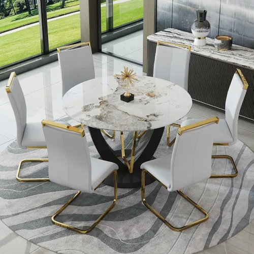 Miniatura 49 de JUFU Juego de mesa de comedor redonda para 4, mesa de comedor de 48 pulgadas con mesa de mármol sintético y 4 sillas tapizadas, moderno juego