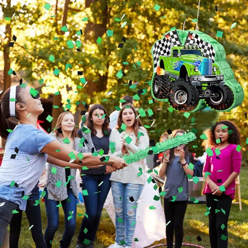 Miniatura 5 de Faccito Piñata de camión de carreras de monstruo con venda y palo, piñata de carreras pequeña verde para decoración de fiestas de niños, 14.1 x 12.6