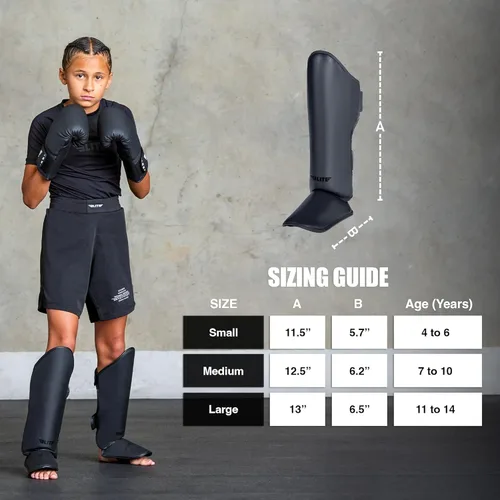 Miniatura 4 de Elite Sports Muay Thai MMA Kickboxing Espinilleras para niños y niñas de 4 a 14 años, protectores de espinillas con protección para el empeine