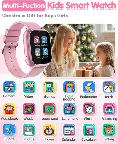 Miniatura 2 de Reloj inteligente impermeable para niños, niñas, juguetes para niñas de 6 a 8 años, reloj para niños con 32 juegos, cámara dual, pantalla táctil HD