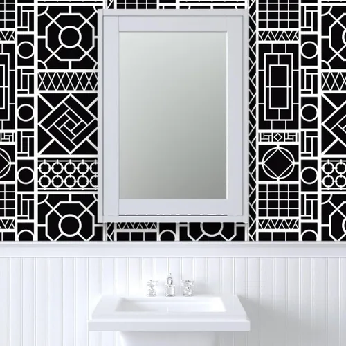 Miniatura 9 de Spoonflower Pelar y pegar muestra de papel tapiz - Enrejado Negro Círculos Blancos Graffiti Chinoiserie Palm Beach China Papel pintado extraíble