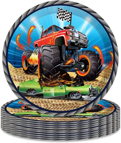 OXYLIPO Paquete de 24 platos de papel de postre Monster Truck de 9 pulgadas, platos redondos desechables para automóvil, platos de fiesta, baby