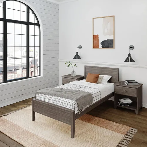 Miniatura 8 de Plank+Beam Base de cama individual de madera maciza con cabecera de panel, cama moderna de plataforma individual con soporte de listones de madera