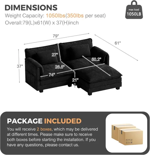 Miniatura 2 de ELUCHANG Sofá modular de gran tamaño de 79 pulgadas, cómodo sofá en forma de nube para sala de estar, sofá en forma de L con otomana, sofá de Negro
