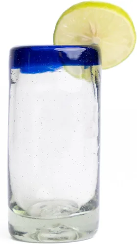 Miniatura 3 de Specialty - Vasos de tequila mexicanos, soplados a mano con color y textura únicos, juego de 4 piezas (borde azul)