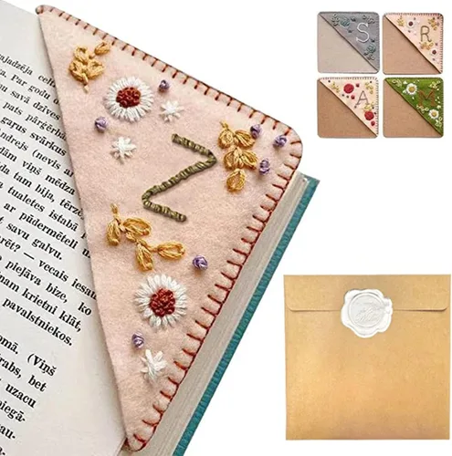 Miniatura 54 de Marcapáginas de esquina bordado a mano personalizado, 26 letras con costura a mano de fieltro, marcapáginas de esquina con bordado de flores lindo