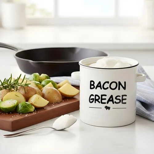 Miniatura 5 de SOLIGT Recipiente de grasa de tocino de cerámica con colador - 600ml / 20oz Recipiente de grasa de tocino de estilo rústico con asa de agarre fácil