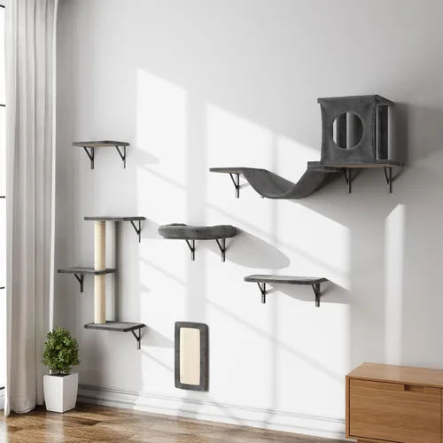 Miniatura 15 de NUNU LAB Juego de muebles para gatos montados en la pared, juego de 6 piezas para escalar con casa, puente, escalones, tabla rascadora - Paredes