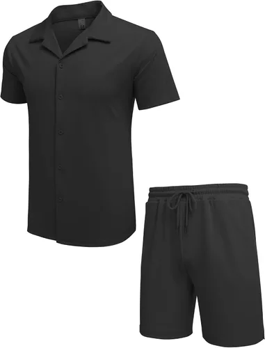 Miniatura 4 de COOFANDY Conjunto de dos piezas para hombre, camisa de manga corta con botones y pantalones cortos, conjuntos de playa