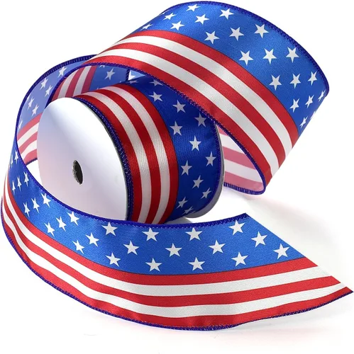 Morex Ribbon Carrete de cinta de satén con alambre de estrellas y rayas, 2-1/2 pulgadas por 3 yardas, rojo/blanco/azul Estrellas y rayas con cable