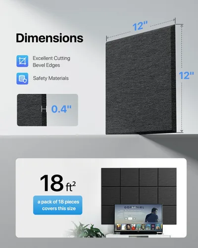 Miniatura 5 de Paquete de 18 paneles de pared insonorizados autoadhesivos, paneles cuadrados de espuma a prueba de sonido para pared, paneles acústicos de alta