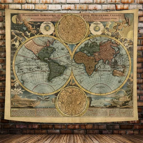 Tapiz vintage de mapa del mundo, antiguo mapa náutico antiguo del mundo, arte de pared, geografía histórica del Atlas, tapiz retro pirata para
