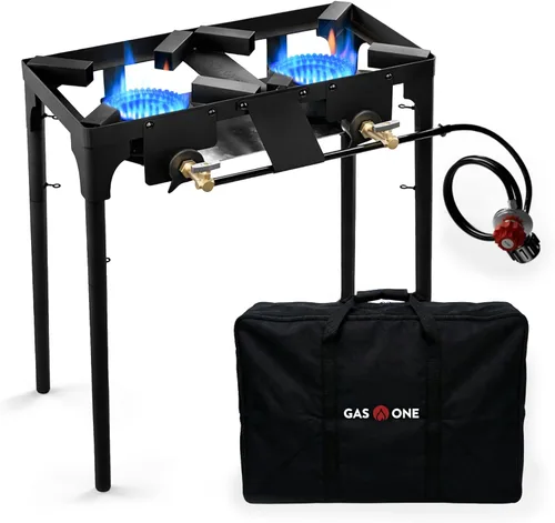 GasOne - Quemador de propano doble con bolsa de transporte, altura ajustable, patas extraíbles de 4 niveles para cocinar al aire libre, regulador
