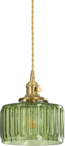 Lámparas Colgantes Vintage, Casquillo de Latón con Interruptor de Encendido/Apagado y Pantalla de Lámpara de Cristal Verde Lámpara Colgante para