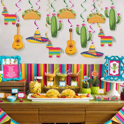Miniatura 5 de Decoraciones de remolinos colgantes para fiesta mexicana, suministros de fiesta de Cinco de Mayo, tema de cumpleaños de dos días de taco, fiesta