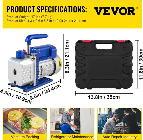 Miniatura 7 de VEVOR 3CFM 1/4HP Bomba de vacío de aire de una sola etapa HVAC R134a R12 R22 R410a Kit de refrigeración para A/C. Juego de manómetros de colector AC