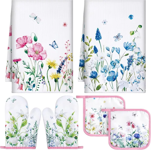 Miniatura 13 de Leinuosen 6 paños de cocina clásicos de girasol, juego de decoración y accesorios para la cocina, diseño floral de plantas, juego de guantes