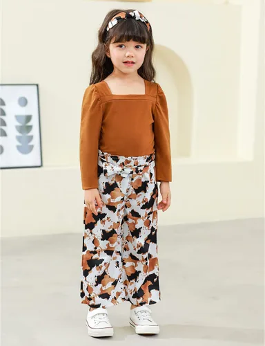 Miniatura 3 de Conjunto de 3 piezas de ropa para niña pequeña, cuello cuadrado, manga larga abombada, pantalones a rayas + diadema