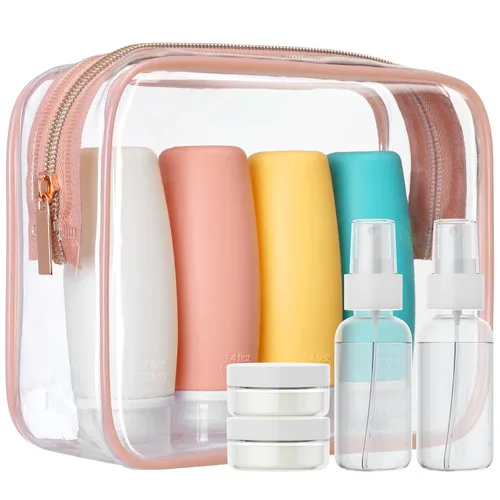Miniatura 13 de PACKISM Paquete de 5 bolsas de aseo aprobadas por la TSA con botellas, kit de contenedor de viaje de silicona de 3 onzas a prueba de fugas
