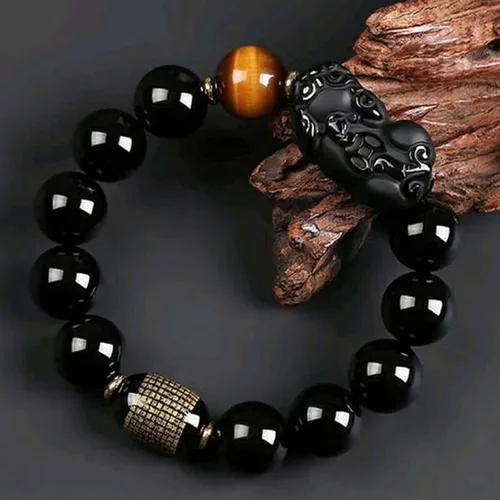 Miniatura 17 de Pulsera de obsidiana negra, pulsera de obsidiana negra Feng Shui para mujeres y hombres, pulsera elástica de obsidiana con piedra de ojo de tigre