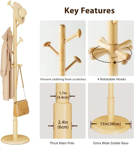 Miniatura 4 de Taitiy Perchero de madera maciza independiente con 10 ganchos para dormitorio, sala de estar, entrada, soporte resistente para colgar sombreros