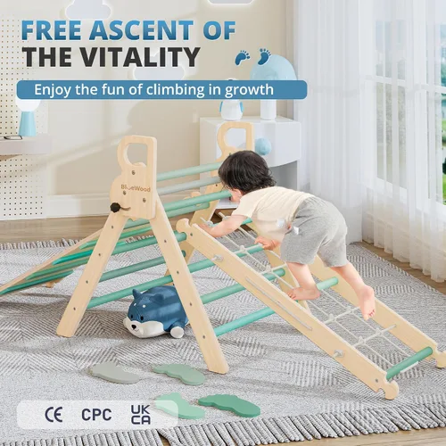 Miniatura 5 de BlueWood Juego de triángulo Pikler 10 en 1, juguetes de escalada para niños pequeños en interiores, escalador Montessori, gimnasios de la jungla