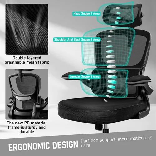 Miniatura 4 de BESTFAIR Silla de oficina ergonómica de respaldo alto, silla de escritorio de malla transpirable con soporte lumbar, reposacabezas ajustable, Negro