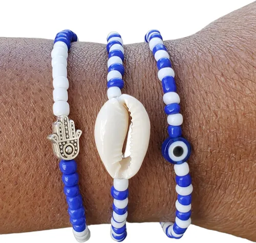 Miniatura 54 de 3 pcs Ilde Cowrie seashell Evil Eye Hamsa Hand Orisha Santeria Pulseras Bracelet Set