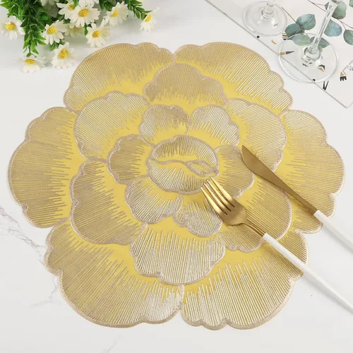 Miniatura 8 de Juego de 6 manteles individuales redondos dorados, manteles individuales de vinilo prensado floral lavable para mesa de comedor, boda, decoración