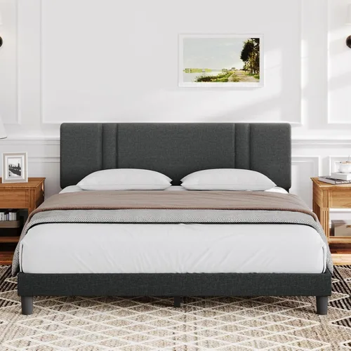 Miniatura 16 de Novilla Base de cama tamaño King con cabecera ajustable, marco de cama King, cabecera tapizada de tela de lino, no necesita somier, sin ruido, Beige
