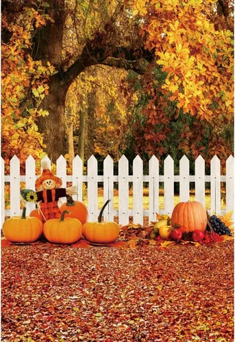 Laeacco Fondos de fotografía de otoño de 3 x 5 pies, fondo de otoño para el día de Acción de Gracias, valla blanca, hojas de calabaza, cosecha, baby