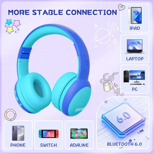 Miniatura 2 de Auriculares Bluetooth para Niños, Auriculares Over-Ear para Niños Pequeños con Micrófono, Volumen Limitado 85dB/94dB, 68H de Reproducción, Bluetooth
