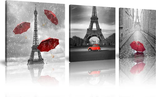 Miniatura 16 de NAN Wind 3 piezas de lienzo moderno Giclée impresiones en blanco y negro con paraguas rojos, lienzo romántico para parejas, pinturas de paisaje rojo