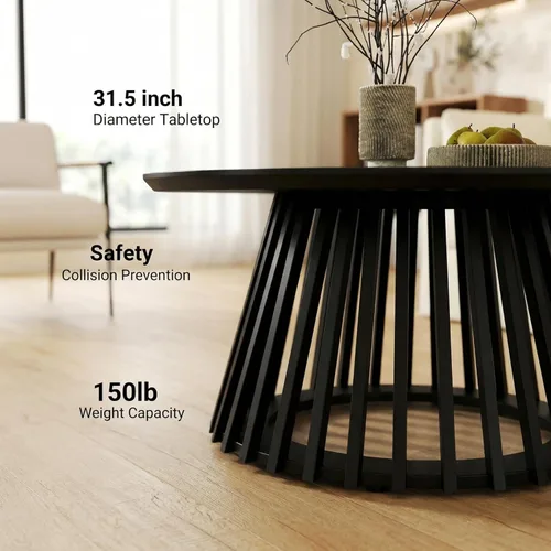 Miniatura 3 de HNY Mesa auxiliar redonda negra moderna para sala de estar, mesa central pequeña de madera de mediados de siglo de 31.5 pulgadas con base acanalada