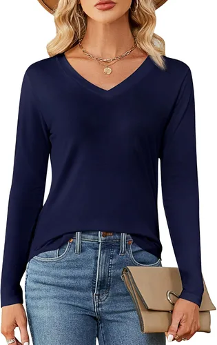 Miniatura 2 de Ficerd Paquete de 2 camisetas con cuello en V para mujer, manga corta o larga, camisetas básicas de verano casuales con dobladillo sólido
