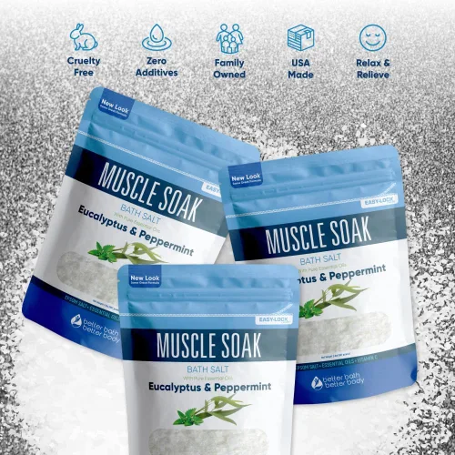 Miniatura 4 de Muscle Bath Salt (paquete de 3 con cuchara) para baño muscular con aceites esenciales puros en bolsa sin BPA con sello de cierre a presión