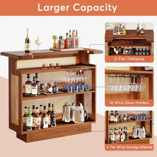 Miniatura 5 de Tribesigns: unidad de bar para el hogar de ratán, mesa de bar de 4 estantes estilo granja con 4 portavasos y base elevada, gabinete de bar