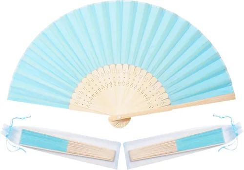 Sepwedd 50pcs azul imitación seda tela bambú plegable mano ventilador novia baile accesorios iglesia boda fiesta favores con bolsas de organza