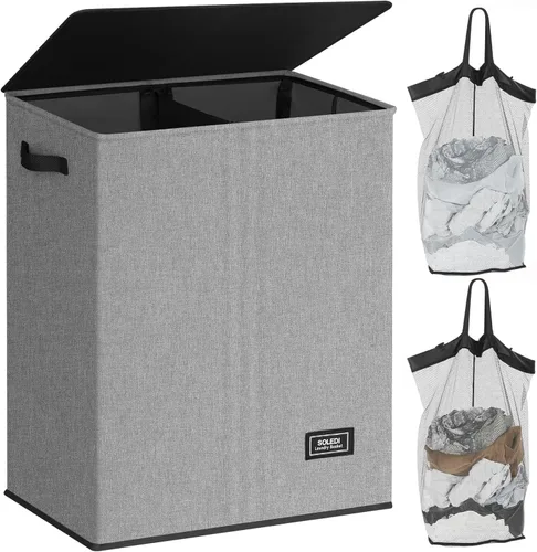 Miniatura 20 de SOLEDI Cesta de lavandería de lujo doble con tapa y bolsas removibles, cesta grande para lavandería, cesta de lavandería de 2 secciones, cesta