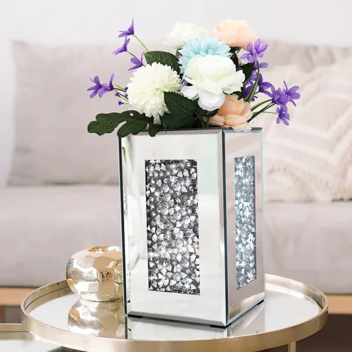 Jarrón Espejado de Diamante Triturado 6x6x10 pulgadas de Cristal Plateado, Jarrón Decorativo Impresionante para Flores, Lujoso para Decoración del