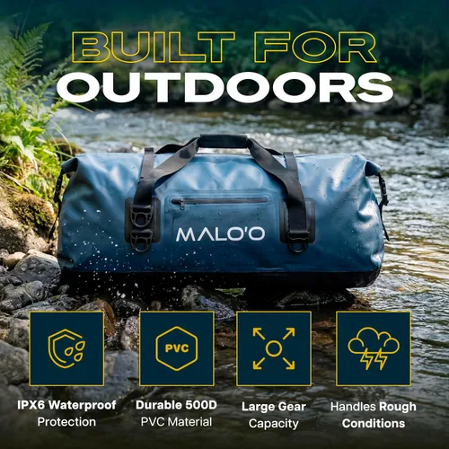 Miniatura 2 de Malo’o Bolsa de lona impermeable seca, bolsa de equipo resistente de cubierta enrollable impermeable con correas para el hombro y bucles Molle, Negro