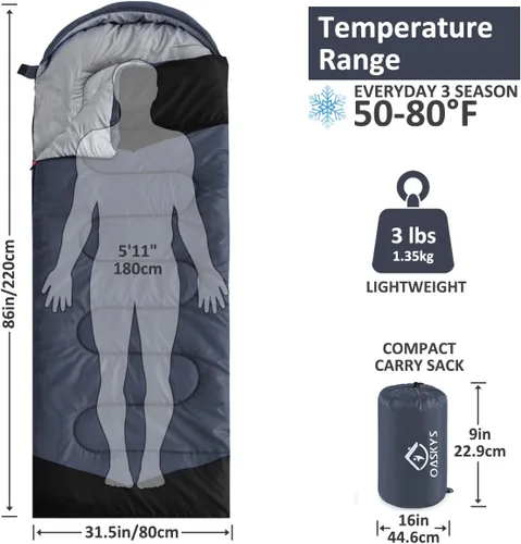 Miniatura 2 de Oaskys - Saco de dormir para acampar, para 3 estaciones, clima cálido y fresco, verano, primavera, otoño, ligero, resistente al agua, para adultos
