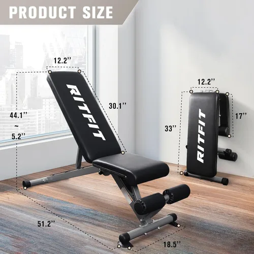 Miniatura 4 de RitFit Banco de pesas ajustable y plegable para gimnasio en casa, levantamiento de pesas y entrenamiento de fuerza, póster de entrenamiento Plateado