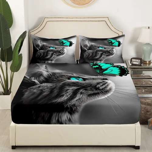Miniatura 2 de Linda sábana bajera ajustable de gato tamaño individual, juegos de ropa de cama de mariposa azul y verde para niños, sábanas estéticas de gatos