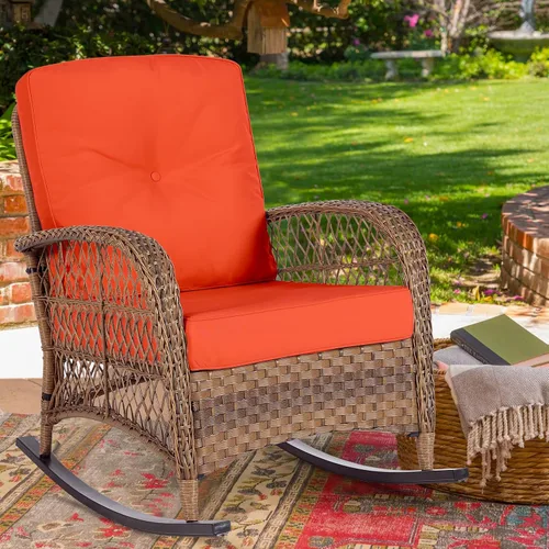 Miniatura 33 de MEETWARM Mecedora de mimbre para exteriores, sillas mecedoras de ratán para patio con cojines y respaldo alto, silla de mimbre para patio para todo