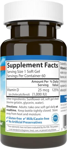 Miniatura 2 de Carlson - Vitamina D3, 1000 UI (25 mcg), salud ósea, salud muscular, colecalciferol, suplementos de vitamina D, geles blandos de vitamina D3, 60