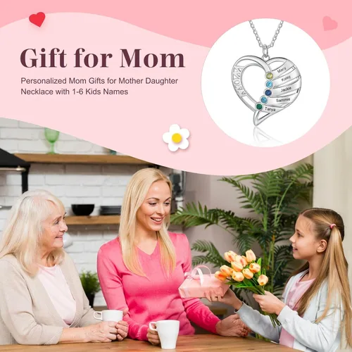 Miniatura 6 de Personalized Mom Heart Necklace Birthstone Necklace for Women Mom Jewelry with 1-6 Names Customized Name Necklace Christmas Birthday Gifts for Mama