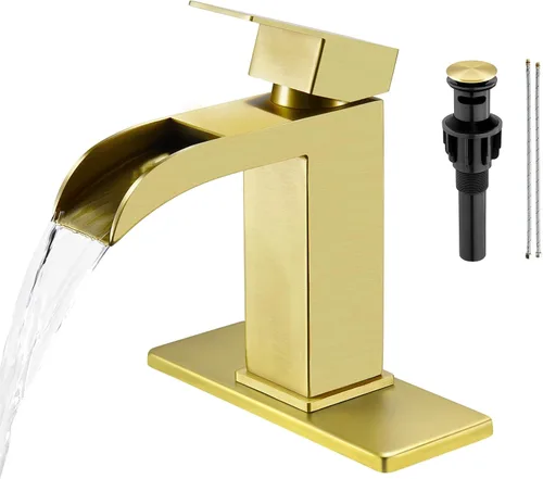 Miniatura 15 de Faustina Grifo de baño de oro cepillado, grifo de un orificio con una sola manija con drenaje emergente Dorado